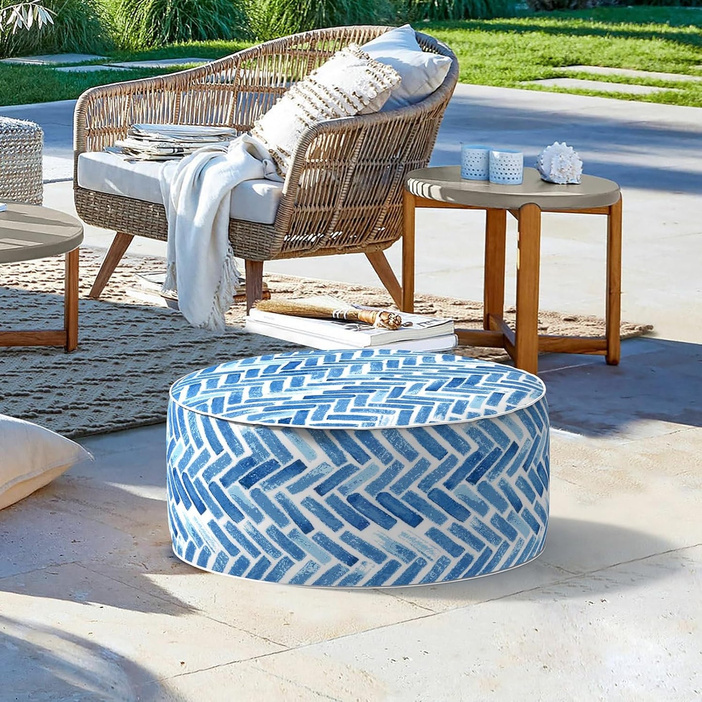 LVTXIII Indoor/Outdoor Inflatable Ottoman, All Weather Round Footrest Stool D21”x H9”, Portable for Patio Garden Camping or Home-Blue Bricks