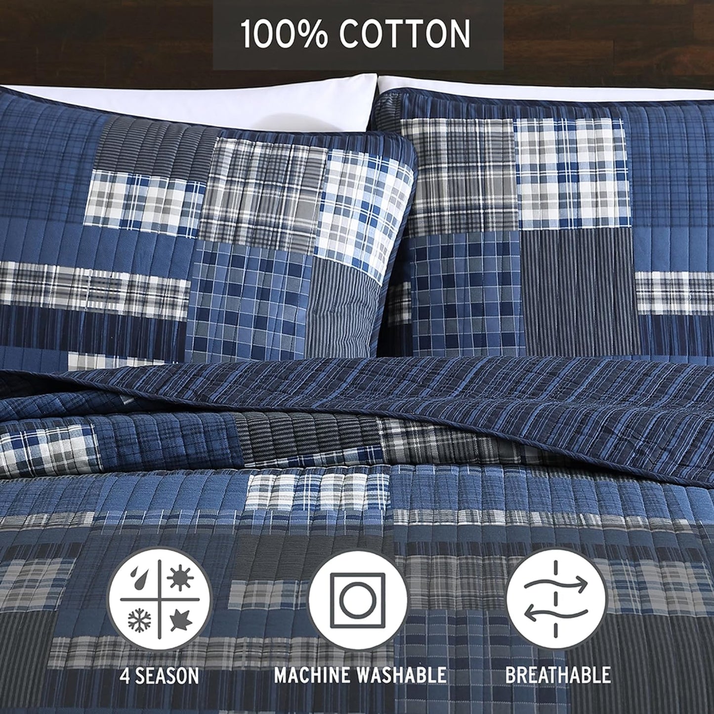 Eddie Bauer - Queen Quilt Set, Reversible Cotton Bedding with Matching Shams, Lightweight Home Decor for All Seasons (Eastmont Navy, Queen)