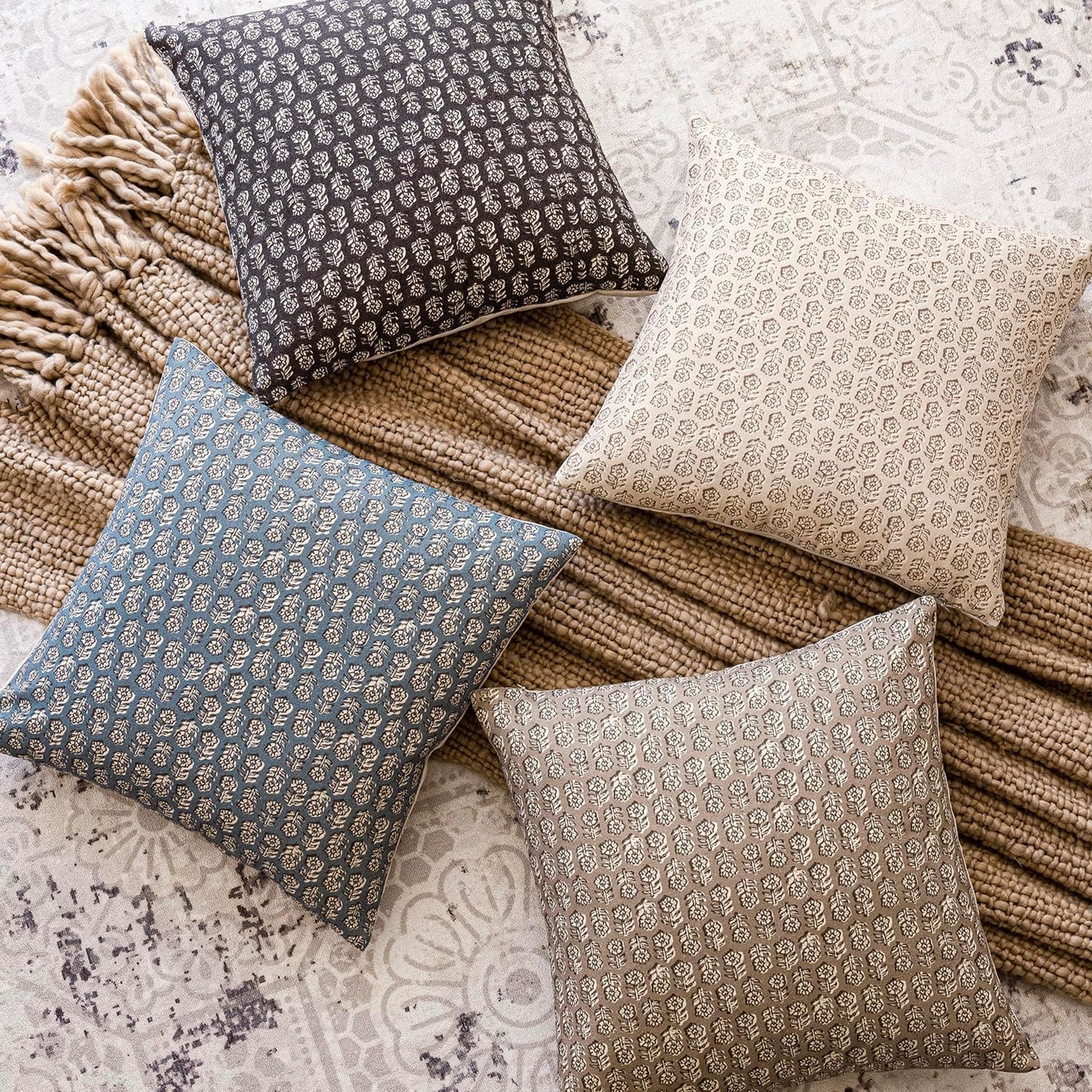 Foindtower Set of 2 Decorative Neutral Floral Print Throw Pillow Covers Vintage Accent Farmhouse Cushion Covers Boho Home Decor for Sofa Couch Chair Bedroom Living Room Outdoor,24×24 Inch,Dusty Blue