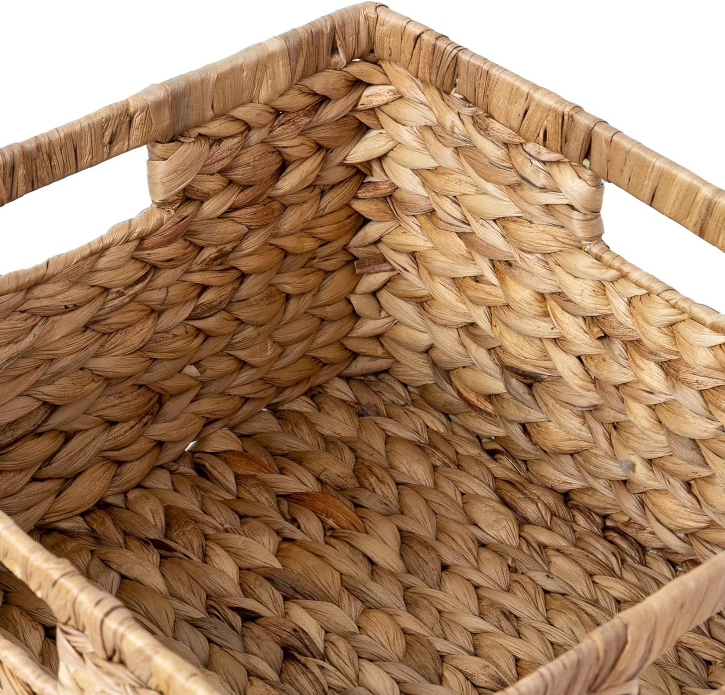 Large 14.5” x 13.5” x 8” (Set of 3) Natural Water Hyacinth Woven Storage Baskets, Rectangular Wicker Basket with Built-in Handles, Large (Natural)