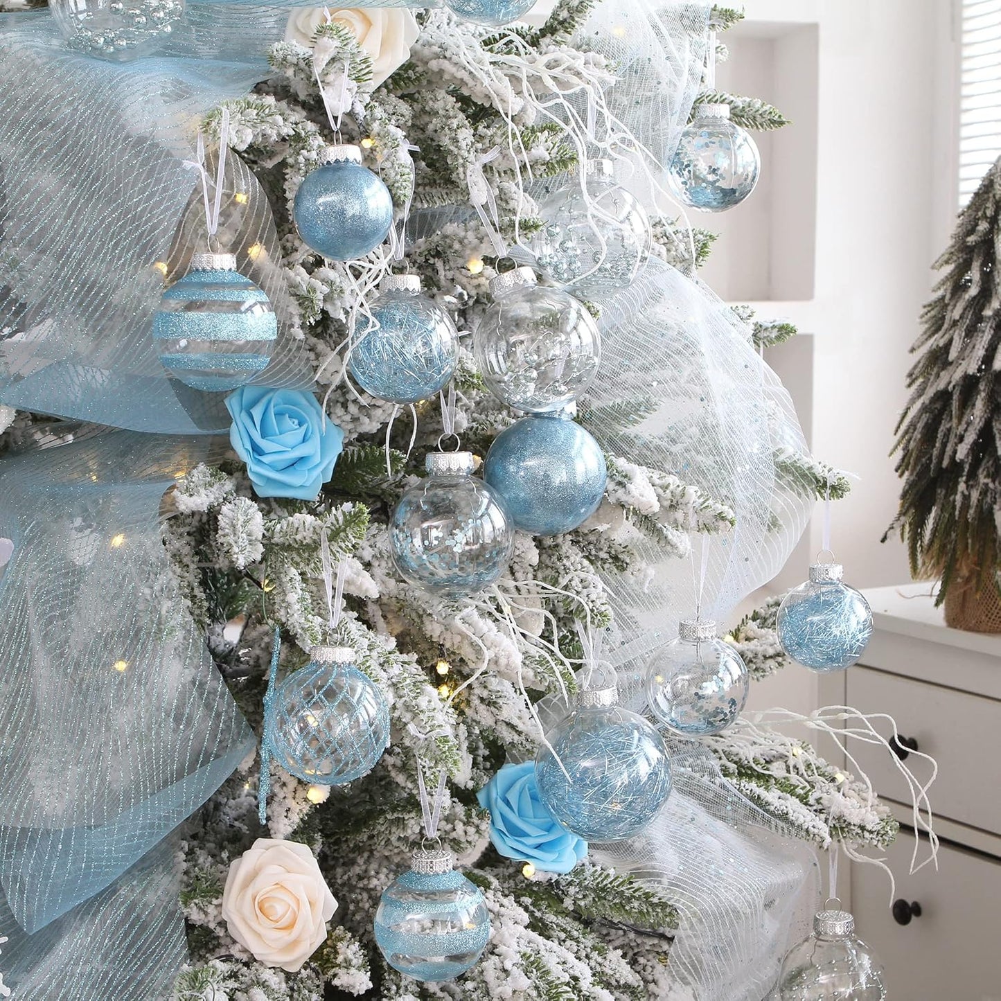 Sea Team Pack of 48 Shatterproof Clear Plastic Christmas Baubles Multi-Size Decorative Christmas Baubles with Stuffed Delicate Decorations (Babyblue)