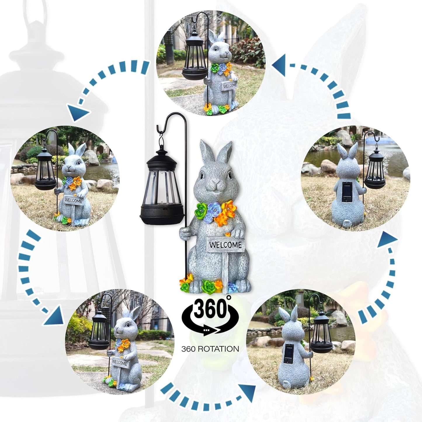 Rabbit Solar Lights Lantern Garden Statues with Succulent and 4 LED Lights - Outdoor Bunny Welcome Figurines Decorations for Patio Yard Lawn Ornaments Gifts for Birthday Easter Housewarming