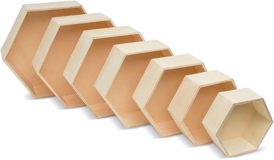 Wooden Hexagon Floating Shelves with Backs, Set of 7, Unfinished for Crafts and DIY Wall Décor: Modern, Geometric, Rustic, or Honeycomb, by Woodpeckers