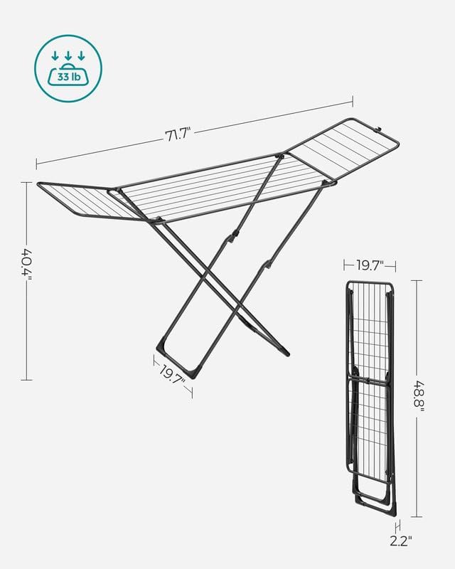 SONGMICS Clothes Drying Rack, Metal Laundry Drying Rack, Foldable, Space-Saving, Free-Standing Airer, with 2 Gullwings, Indoor Outdoor Use, Bed Linen Clothing, Black ULLR540B01