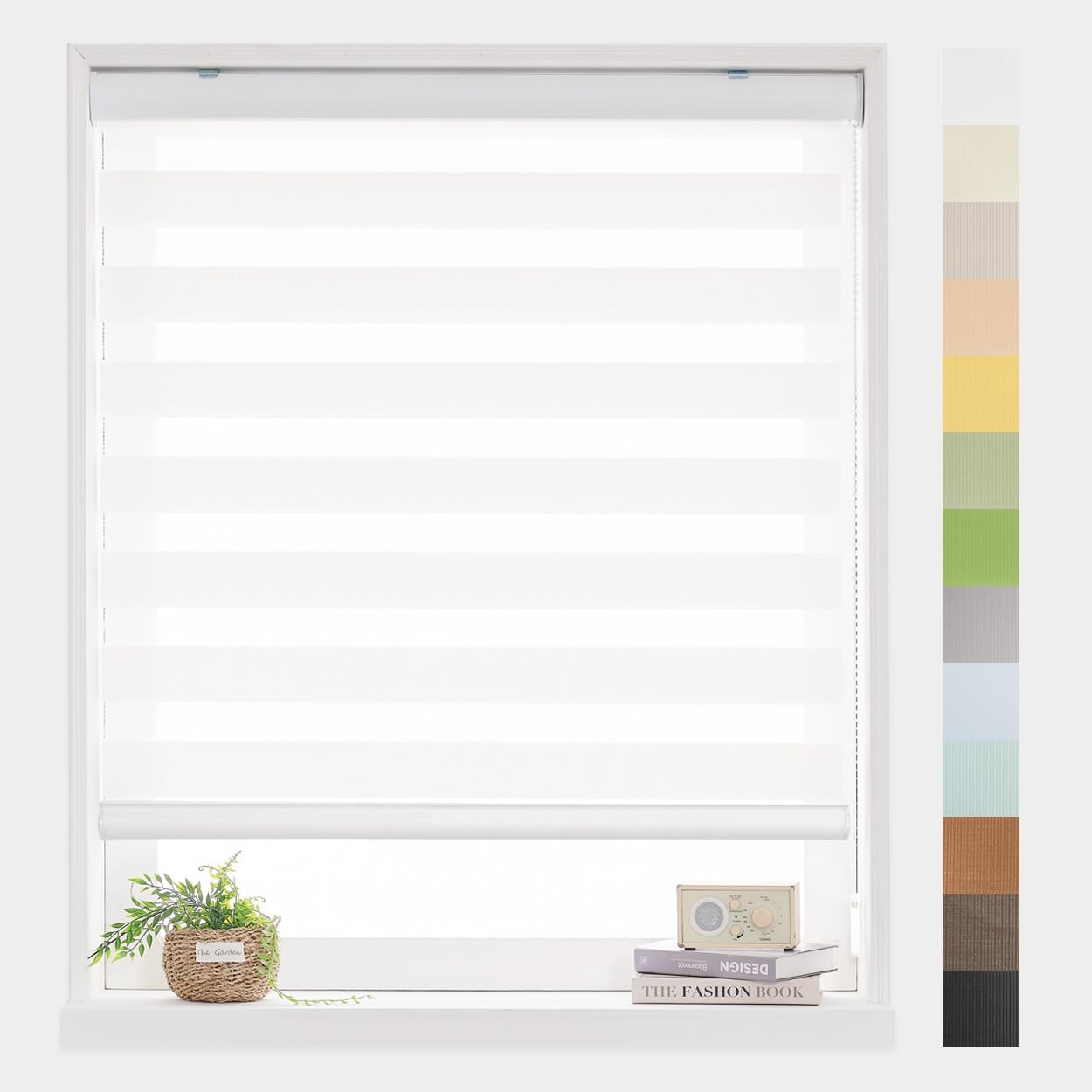Foiresoft Standard Custom Zebra Roller Blinds for Windows [W10–105 x H10–115 Inch, White, Basic], Light Filtering Dual Layer Shades for Bedroom, Living Room, Office, 13 Colors