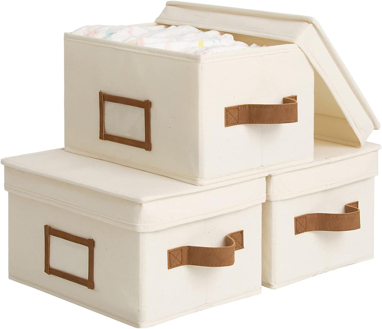 StorageWorks Storage Bins with Lids, Decorative Storage Boxes with Lid and PU Handles, Foldable Storage Baskets for Closet, Shelves, Stackable, Ivory, Medium, 3-Pack