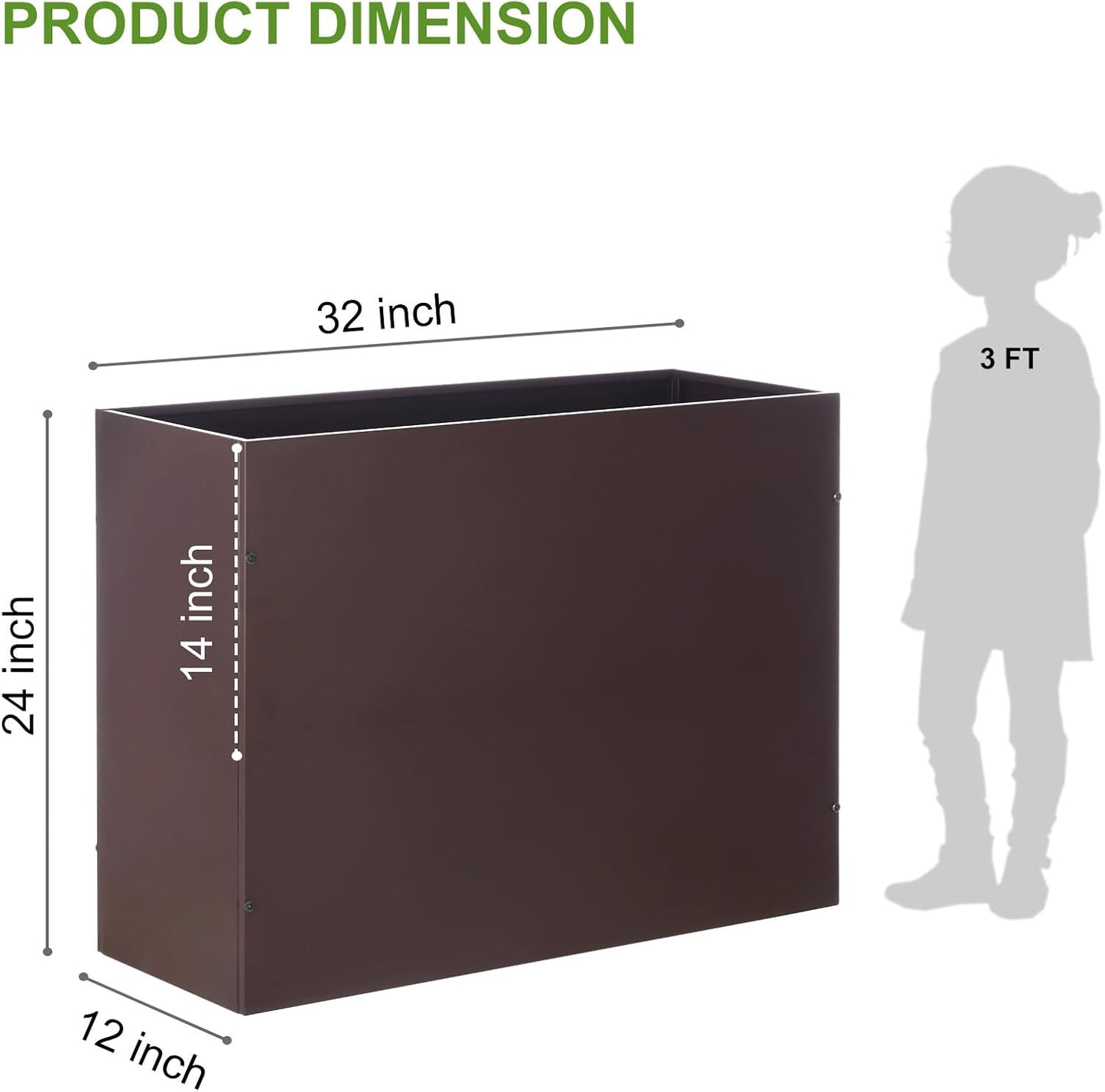Metal Rectangular Planter Box Tall Planters for Outdoor Plants Modern Heavy Duty with Drainage Holes for Outside Indoor Patio Deck - Brown, 32”x 12”x 24”
