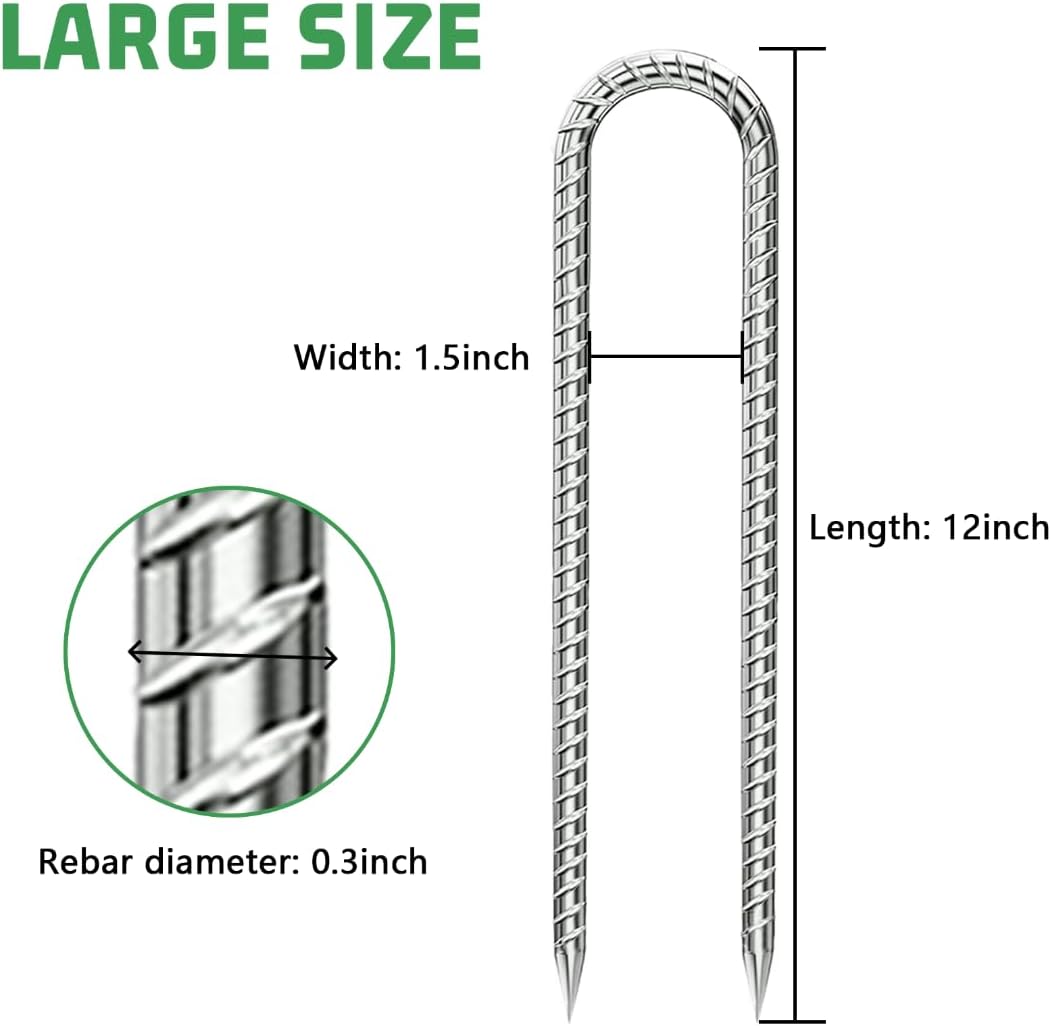 Ground-Stakes-Heavy-Duty-12 inch, U-Hook Rebar Stakes Galvanized Anti-Rust 20pcs Garden Stakes Metal Ground Anchors for Garden Dog Fence Chicken Coop Tent Trampoline Accessories Deer Fence