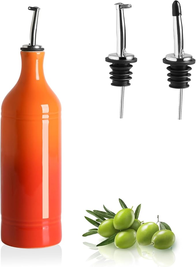 Sweejar Ceramic Olive Oil Dispenser Bottle, 20 Oz EVOO Oil and Vinegar Dispensing Bottle with Spout for Kitchen, Set of 1, 24 Fl Oz (Gradient Orange)