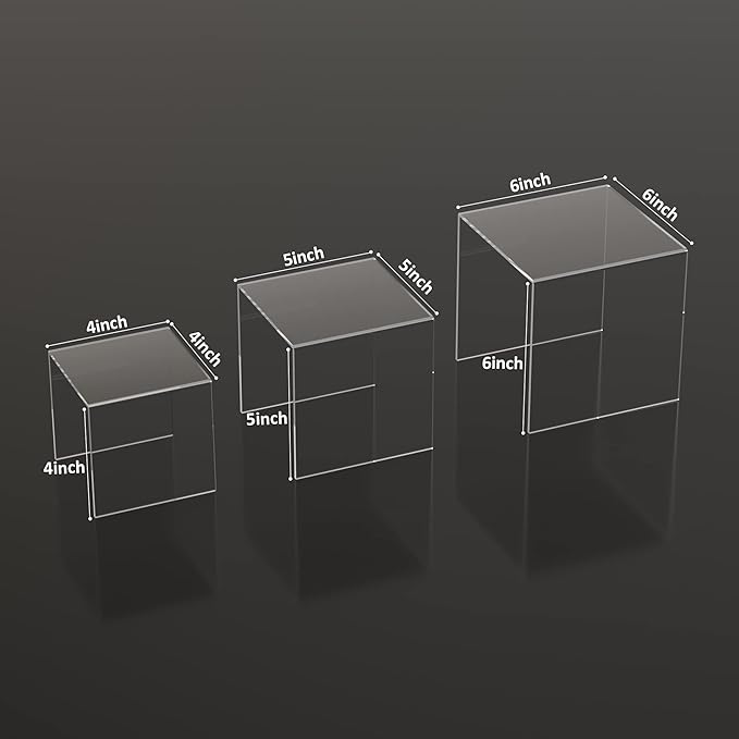 Square Acrylic Shelf Risers 3pcs, Acrylic Dessert Table Display Set, Clear Acrylic Showcase Collectibles Display Shelf for Funko Pop, Cupcake, Toys, Watches, Table Decorations - 4''x5''x6''