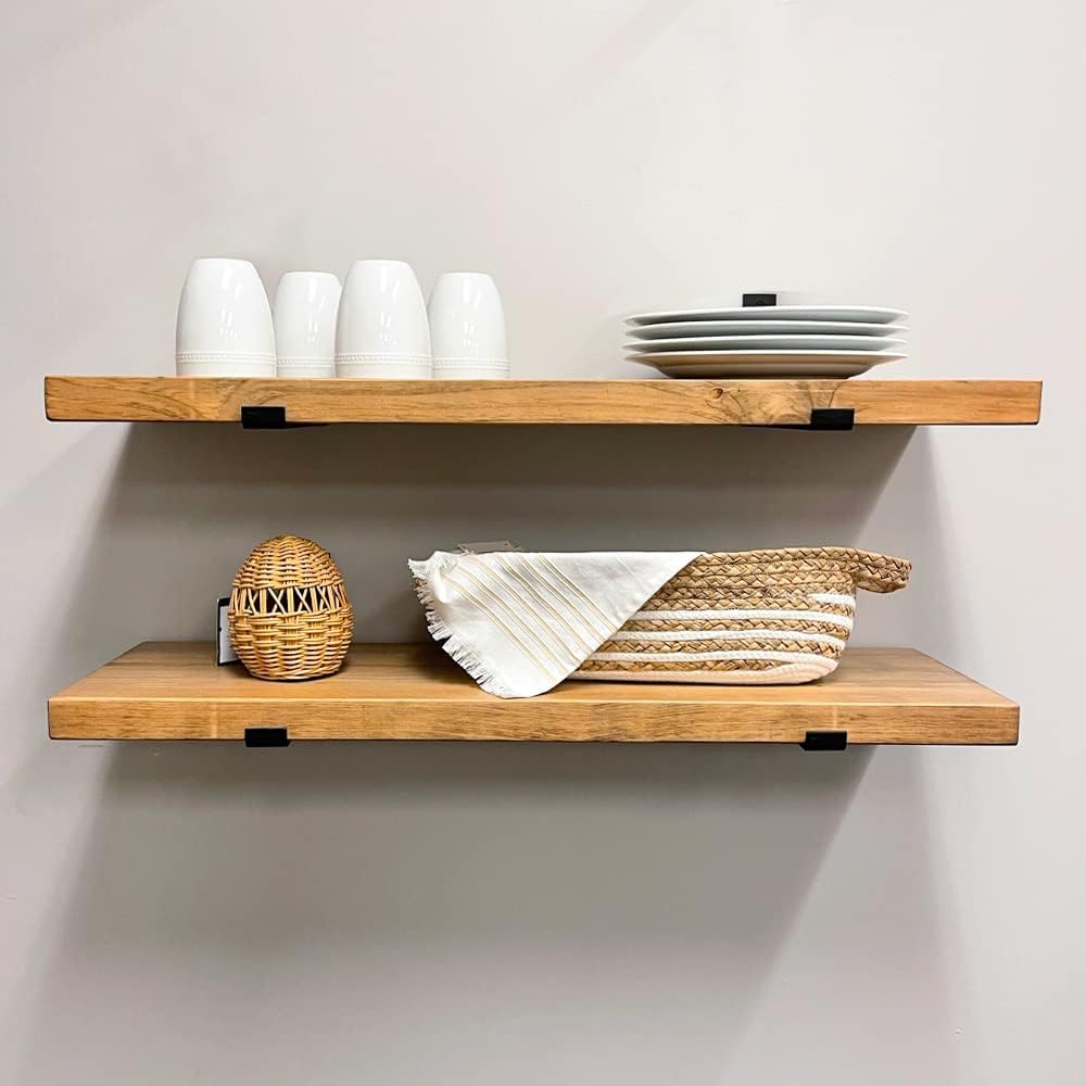 Rustic Shelves with J-Brackets Set of 2, Industrial Shelf, Kitchen Shelves, Solid Wood, Decorative Wall Storage, Heavy Duty, URBANDI (Brown, 12Wx6D)