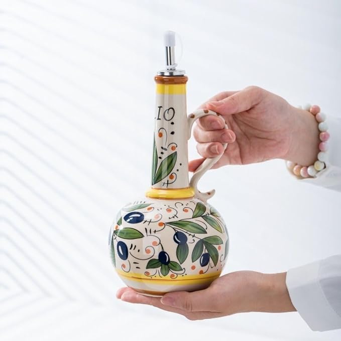 Italian Ceramic Olive Oil Dispenser Bottle 23oz, Hand Painted Olive Oil Bottles, Decorative Stoneware Olive Oil Cruet for Kitchen with Stainless Steel Spout for Oils, Sauces, Vinegar