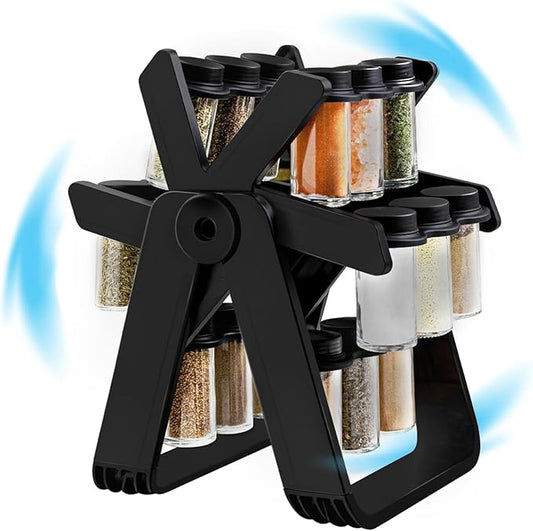 Rotating Spice Rack - Revolving Ferris Wheel Countertop Spice Organization with 18 Glass Spice Jars Countertop Spice Storage Rack for Families Kitchen