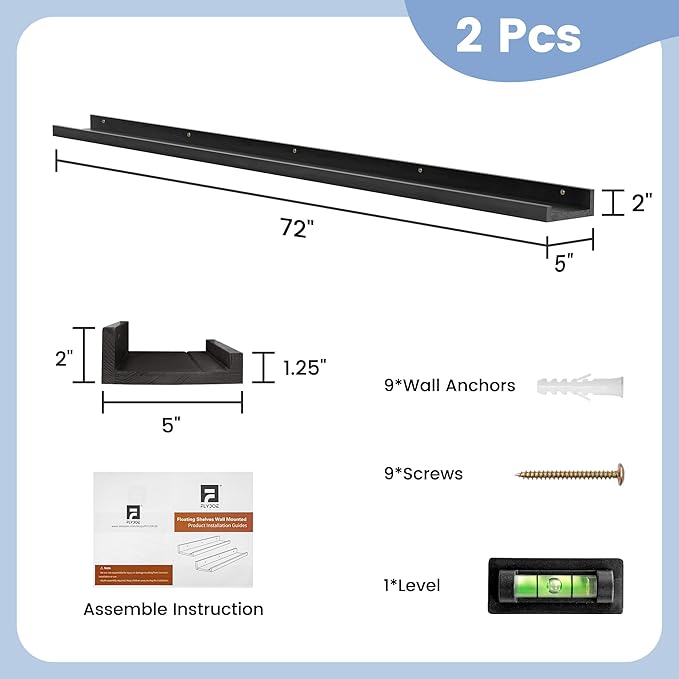 Picture Ledge Shelf, Floating Shelves Set of 2, Solid Pine Wood 72'' Long Large Nursery Book Shelves for Toys Storage, Kids Bookshelf for Living Room Bedroom Decor Books Photo Frames, Black