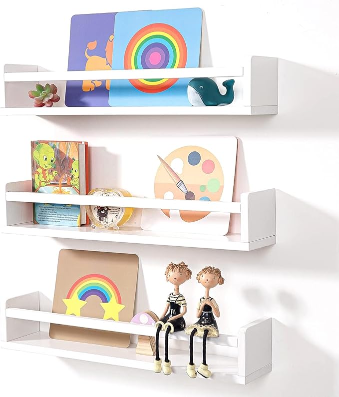 AZSKY Nursery Bookshelves White, 24 Inch Floating Bookshelves for Wall Set of 3, Baby Kids Decor, Solid Wood Wall Mounted Shelves for Books, Toys and Decor Storage