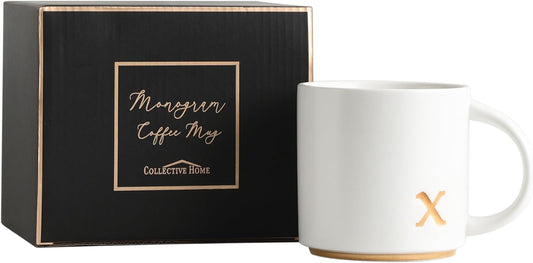 COLLECTIVE HOME - Monogram Ceramic Mugs, 15 oz Golden Initial Coffee Cups, Elegant Alphabet Tea Mugs, Elegant Personalized Mug with Gift Box, Luxurious Cups for Office and Home (x)