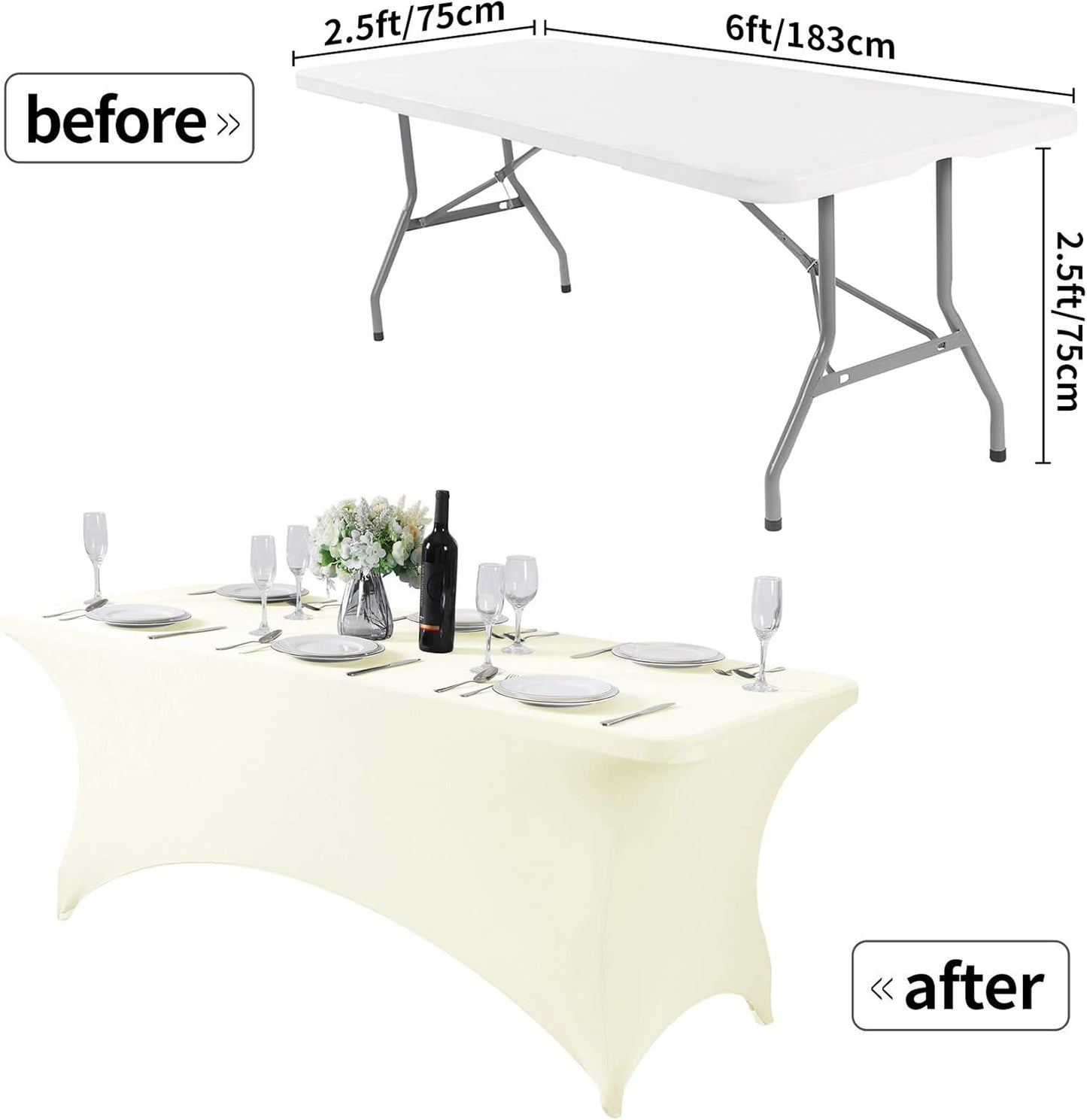 Spandex Table Cover for 6Ft or 4fT or 8ft Table Universal Fitted Stretch Tablecloth for Party, Banquet, Wedding and Events-Ivory