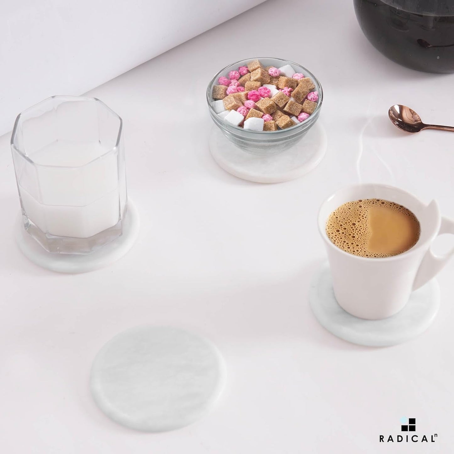 Marble Coasters Set of 6 White 3.5 Inch Round Coaster for Drinks with Holder, Drink Coaster for Tabletop & Coffee Table Decor, Ideal Home Decor House Warming Gifts