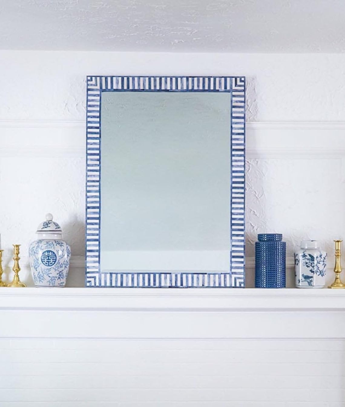 Hansa Industries Bone Inlay Wall Mounting Mirror Bar Harbor Blue Striped Waterfall Pattern Decorative Aesthetic Mirror with Wooden Frame for Home Centerpiece Décor Item (19 x 14 in)