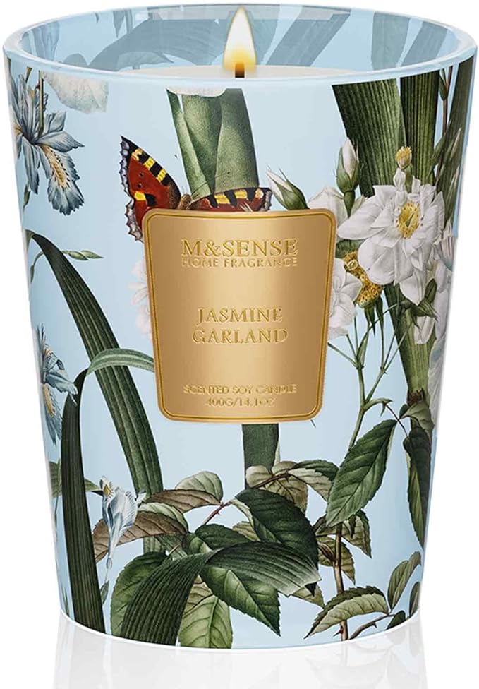 M&SENSE Jasmine Garland Scented Natural Soy Wax Candle, 14.1oz 60 Hours Long Lasting Slow Burning Candles for Home Decor, Aromatherapy Candle for Stress Relief