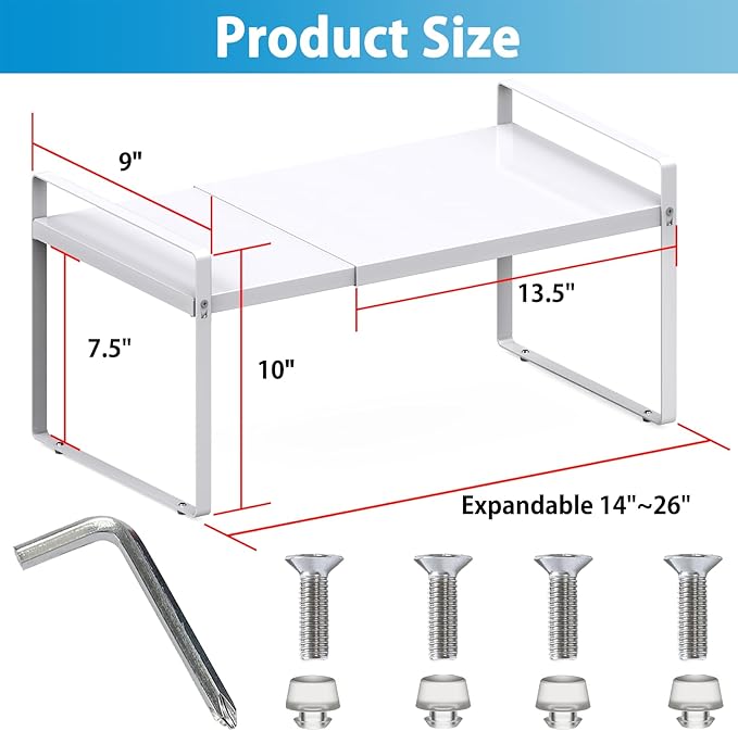 9'' Wide Expandable Cabinet Shelf Organizer Rack Adjustable Length 14''-26'' Pantry Shelf Spice Rack Heavy Duty Nonslip Kitchen Counter Storage Shelves Pantry Cupboard Under Sink Countertop White