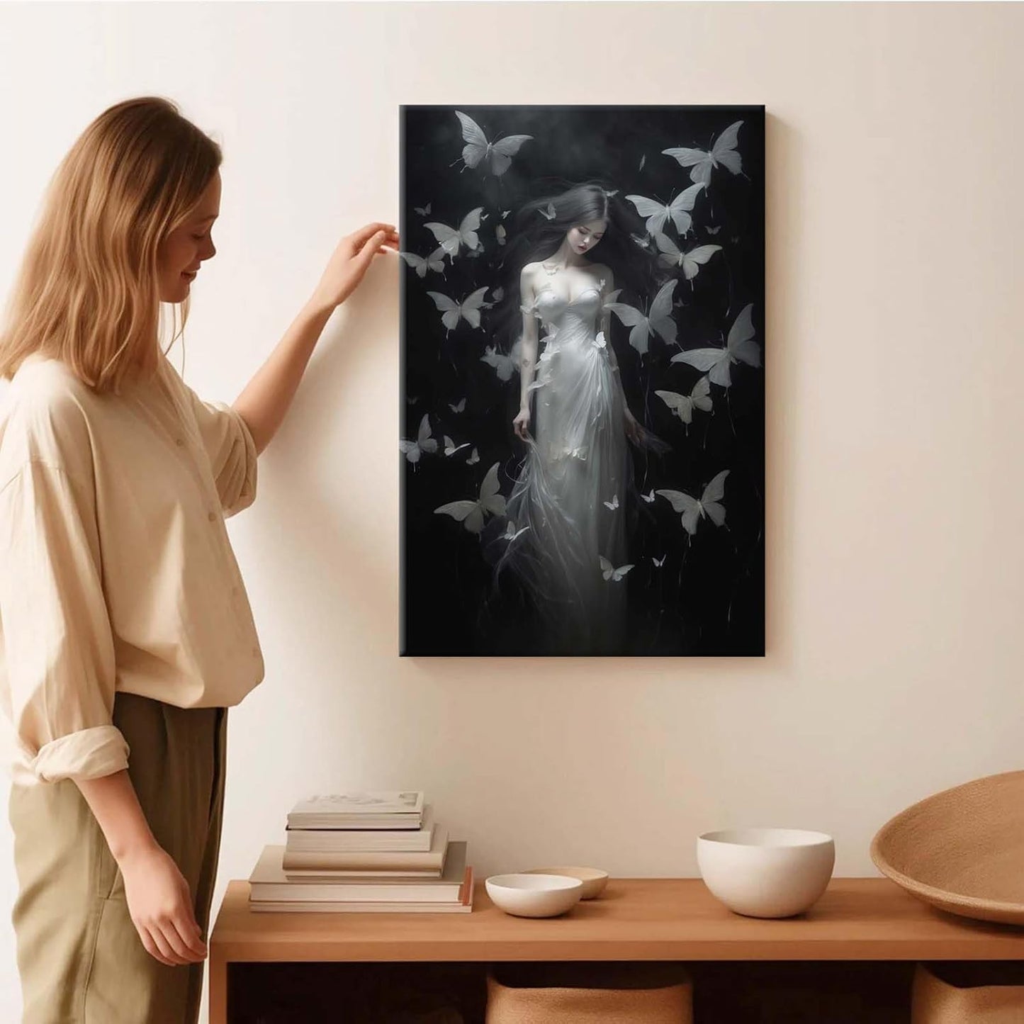 Vintage Gothic Feminine Canvas Wall Art Print Butterfly Poster Moody Female Wall Art Retro Artwork Dark College Decor for Home Bedroom8x12in Wood Framed