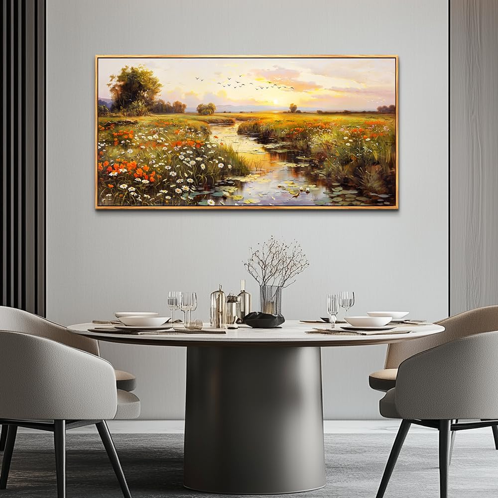 PHAOHUAXM Large Wall Art For Living Room Canvas Wall Decor For Bedroom Watercolour Painting Office Decoration Countryside Sunrise Scenery Wall Picture Ready To Hang Home Decor Wood Framed 20x40 In