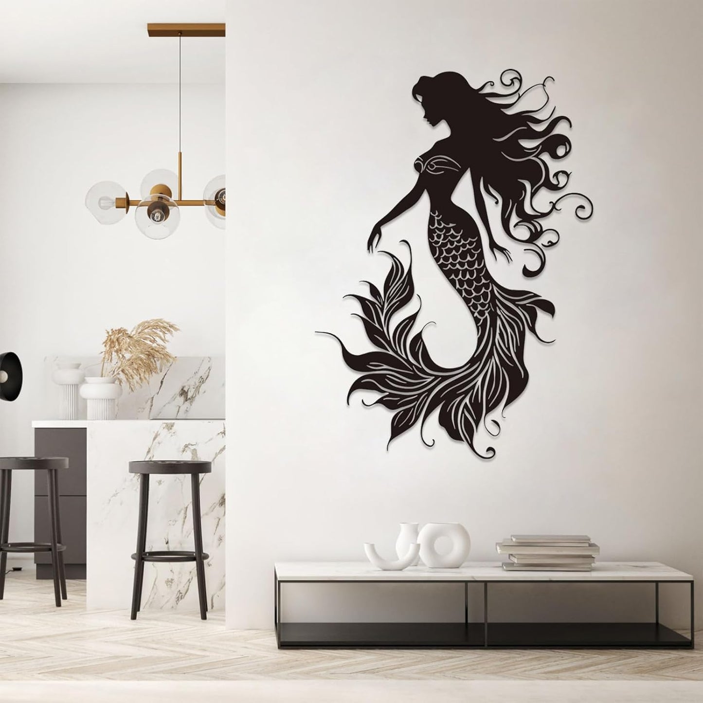 Veplsur Mermaid Metal Wall Art, Metal Mermaid Wall Decor, Marine Biology Wall Decor, Ocean Wall Art, Nautical Wall Hanging, Beach Hanging for Bathroom Bedroom (Gold, 19"x13"|47x33cm)
