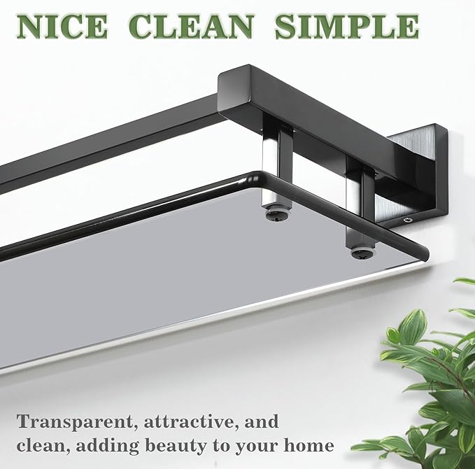 Alise Glass Shelves for Bathroom Wall, Tempered Glass Bathroom Shelf Wall Mounted, Modern Space Saving Floating Shelves 12 inch, Matte Black