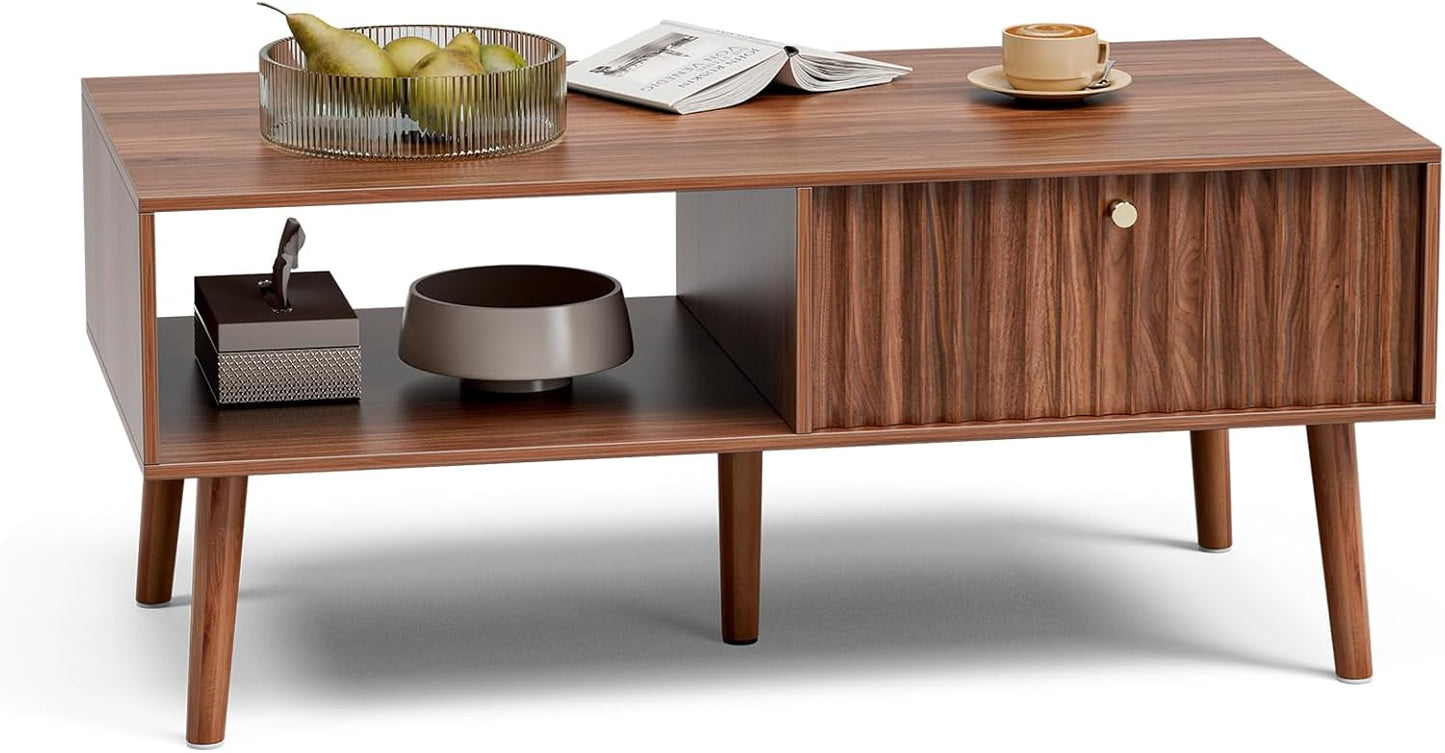 Coffee Table with Storage, Mid Century Dining Table with Fluted Drawer and Solid Wood Legs, Small Coffee Tables for Living Room, Walnut