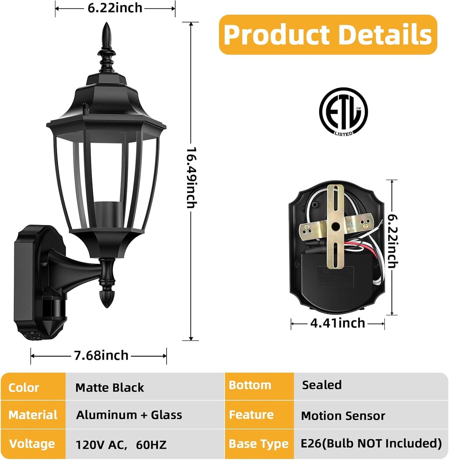 Lamomo Motion Sensor Outdoor Lights, Dusk to Dawn Outdoor Lighting, Exterior Aluminum Waterproof Porch Lights for Patio Front Door Garage（1 Pack