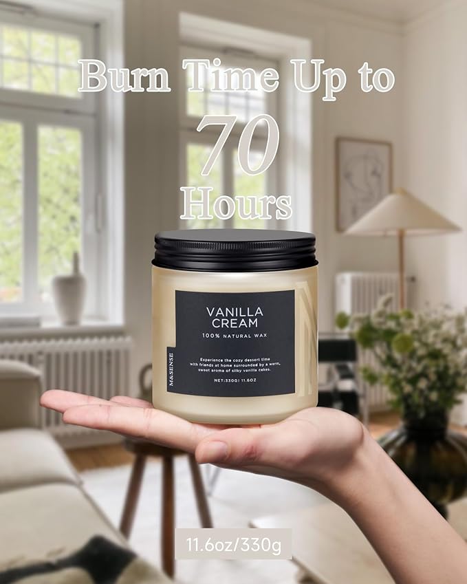M&SENSE Vanilla Soy Candles, Medium 2 Wick 11.6oz 70 Hours Burning Time, All Natural Organic Soy Wax, Relaxing Aromatherapy Scented Candle, Housewarming Gift for Women and Men