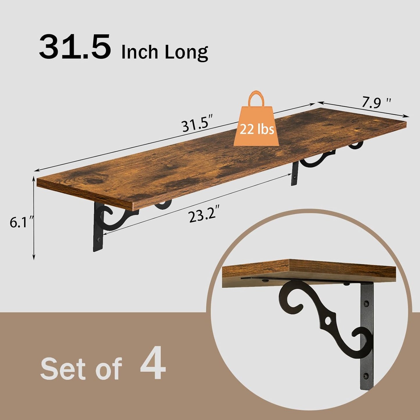 DINZI LVJ Long Wall Shelves, 31.5 Inch Large Floating Shelves Set of 4, Wide Display Shelf Wall Mounted with Brackets, Easy Hanging for Living Room, Toilet, Office, Bedroom, Rustic Brown