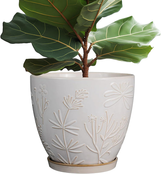 10 Inch Plant Pot Ceramic Planter Pot with Drainage Hole and Saucer Round Planter Large Flower Pot for Indoor Outdoor Plants Home Garden Decor White