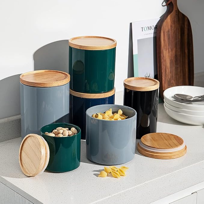 Sweejar Kitchen Canisters Ceramic Food Storage Jar, Stackable Containers with Airtight Seal Wooden Lid for Serving Coffee Bean, Flour, Tea, Spice and More - 39 Fl Oz (Gray)