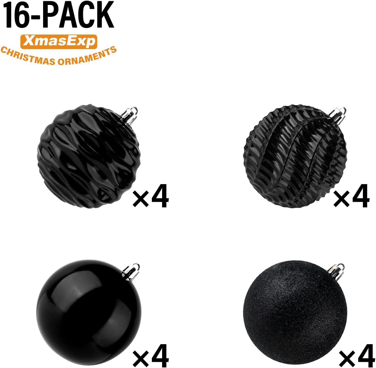 XmasExp 16ct Christmas Ball Ornaments Shatterproof Xmas Tree Hanging Balls Halloween Decorations Perfect for Holiday Wedding Christmas Halloween Decor(3.15", Black)