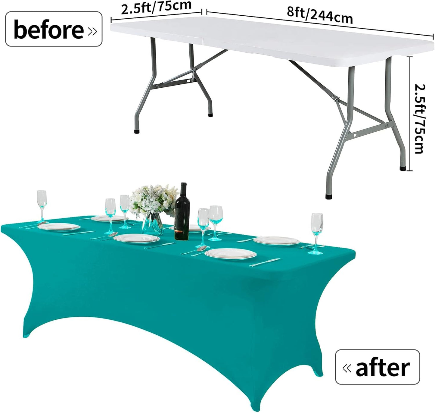 2Pack Spandex Table Cover for 8FT or 4ft or 6ft Table Universal Fitted Stretch Tablecloth for Party, Banquet, Wedding and Events-Turquoise