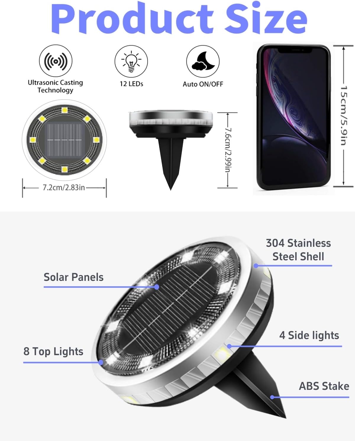 Solar Ground Lights Outdoor 18 Pack Waterproof, Upgraded Solar Garden Lights with 4 Side Light, Stainless Steel Solar Powered Disc Landscape Light for Walkway Lawn Yard Patio Deck-Cool White