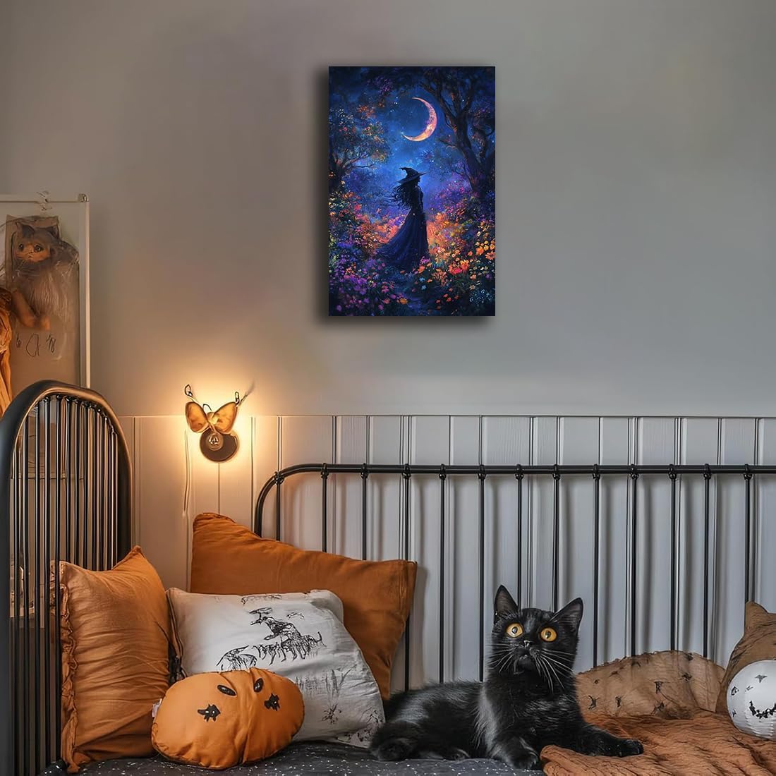 Vintage Halloween Witch Decor Mystic Gothic Wall Art Poster,Enchanting Witch Fall Whimsical Wildflowers Woodland Forest Crescent Moon Picture Art,Creepy Witchy Home Decor,16"x24" Unframed