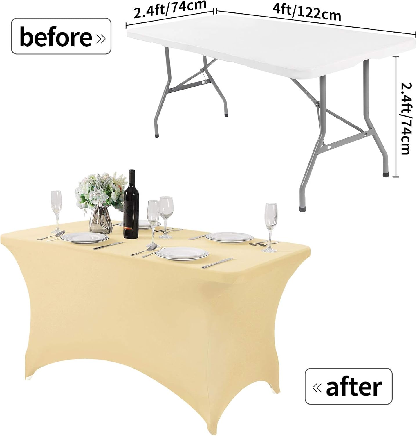 Spandex Table Cover for 4FT or 6ft or 8ft Table Universal Fitted Stretch Tablecloth for Party, Banquet, Wedding and Events-Champagne