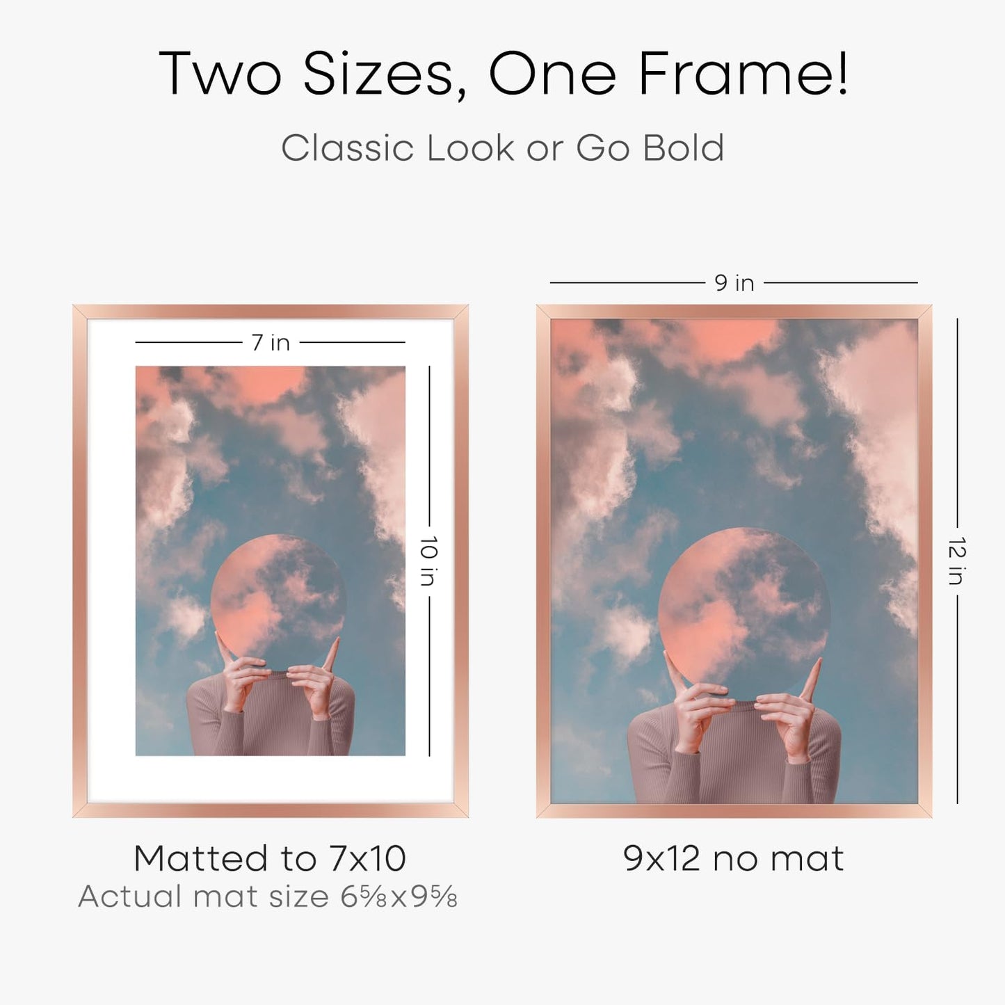 Homeforia 9x12 Rose Gold Frame, High End Metal 9 x 12 Picture Frames with Mat 7 by 10 inch Photo, 9by12 Poster Frame Matted to 7x10 Art, 12x9 Wall or Tabletop Frame, Tempered Glass, Wall Kit, Set of 1