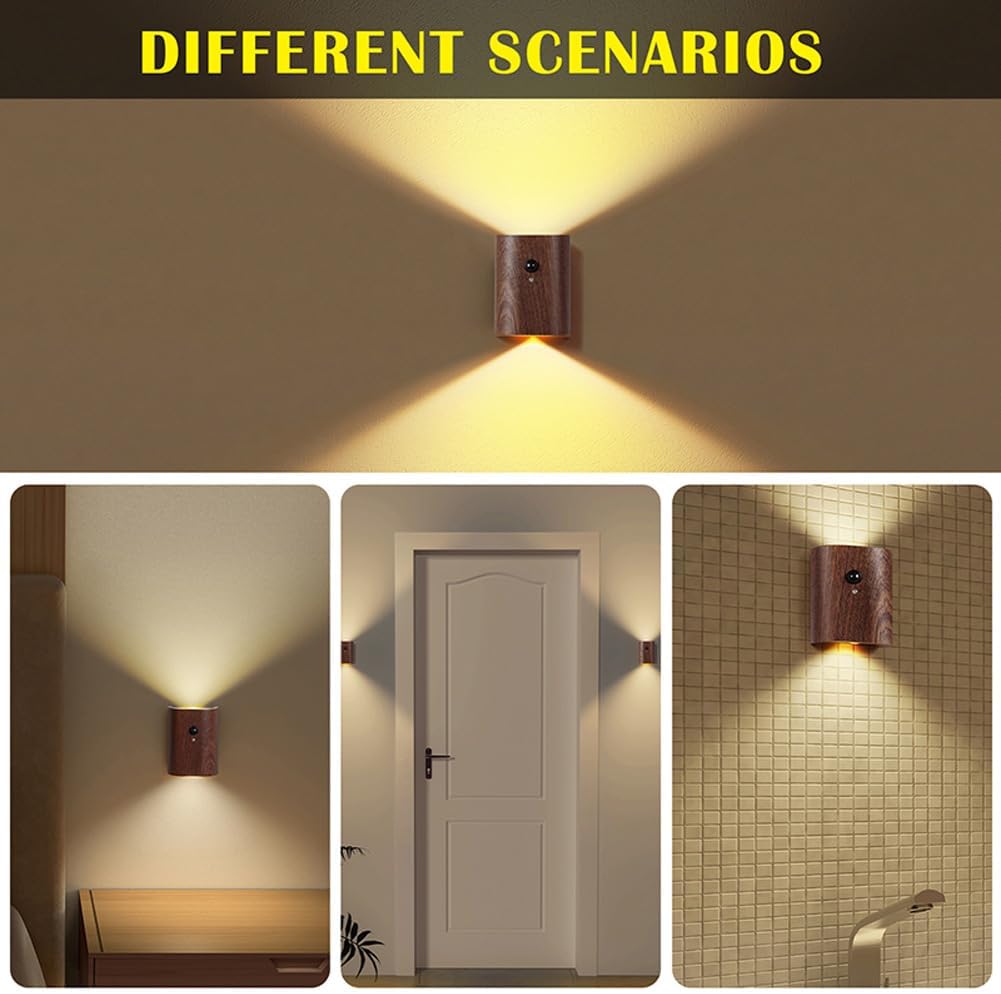 LANDGOO Smart Night Light Step Light - Rechargeable Motion Sensor Stair Lamp, 2700K Warm White LED Walnut Wood for Bedroom Hallway Safety (1 Pack)