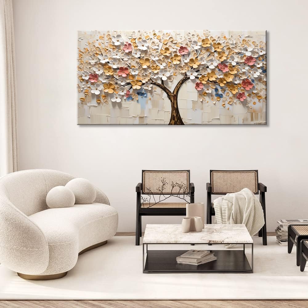 LASMOND 2D Flat White Spring Large Tree of Life Wall Art Office Decor Living Room Modern Painting Prints Pictures Abstract Floral Flower Nature Canvas Large Landscape Artwork (28x58 Inches)