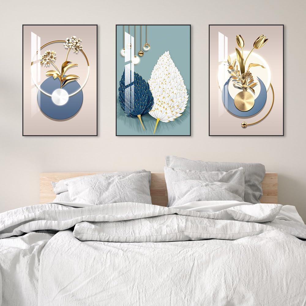 MPLONG Abstract Modern Minimalist Natural Framed Decorative Painting - Large Size Wall Art Set of 3 Wall Decor for Living Room, Bedroom, Dining Room, Office, etc. (Blue, 20 "X 28" X 3 pieces)
