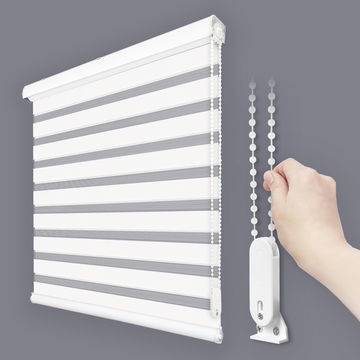 Foiresoft Standard Zebra Roller Blinds for Windows [W41 x H64 Inch, White, Basic], Light Filtering Dual Layer Shades for Bedroom, Living Room, Office, 13 Colors