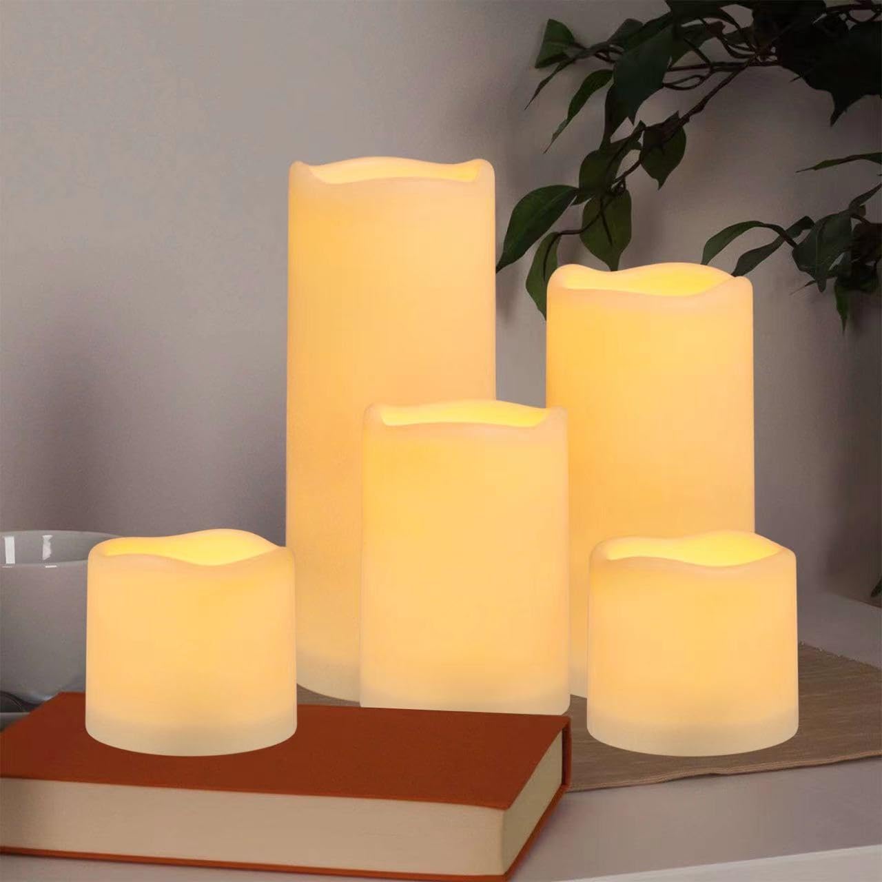 Flameless Battery Operated Outdoor Waterproof Set of 12(D: 3" x H: 3" 4" 5" 6") Pillar LED Candles with 10-Key Remote and Cycling 24 Hours Timer