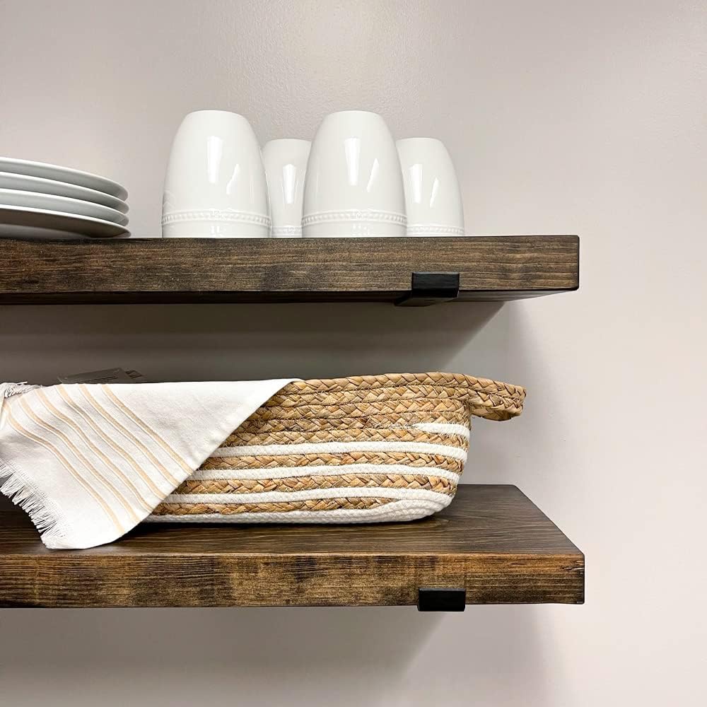 Rustic Shelves with J-Brackets Set of 2, Industrial Shelf, Kitchen Shelves, Solid Wood, Decorative Wall Storage, Heavy Duty, URBANDI (Dark Brown, 12Wx8D)