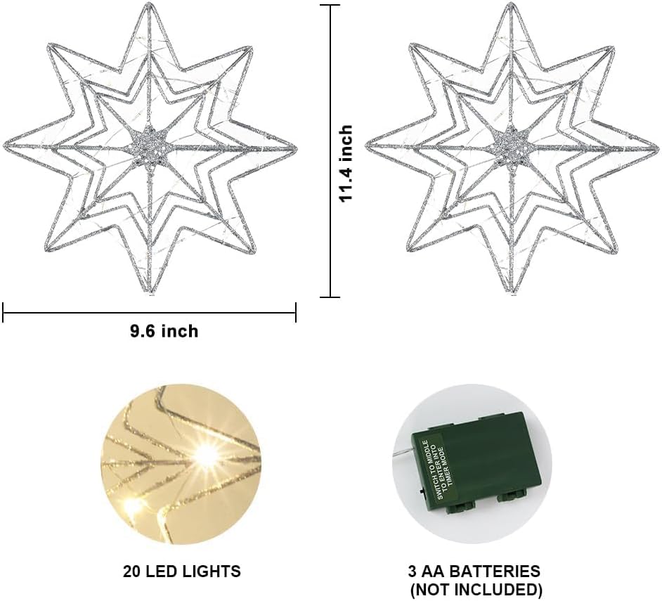 hogardeck Christmas Tree Topper, Glittered Silver 8-Pointed Star Tree Topper for Christmas Treetop, 20 LED Timer Sparkling Tree Toppers for Christmas Tree Decorations