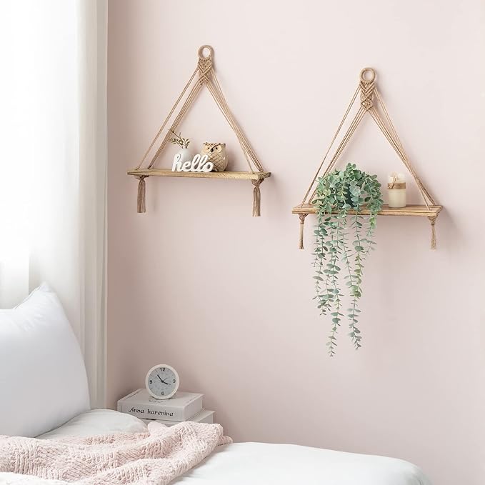 Mkono Macrame Hanging Shelves Boho Wall Decor Set of 2 Rustic Wood Floating Storage Shelf for Bedroom Bathroom Living Room Nursery Dorm Room, Display Shelving for Hanging Plants Photos