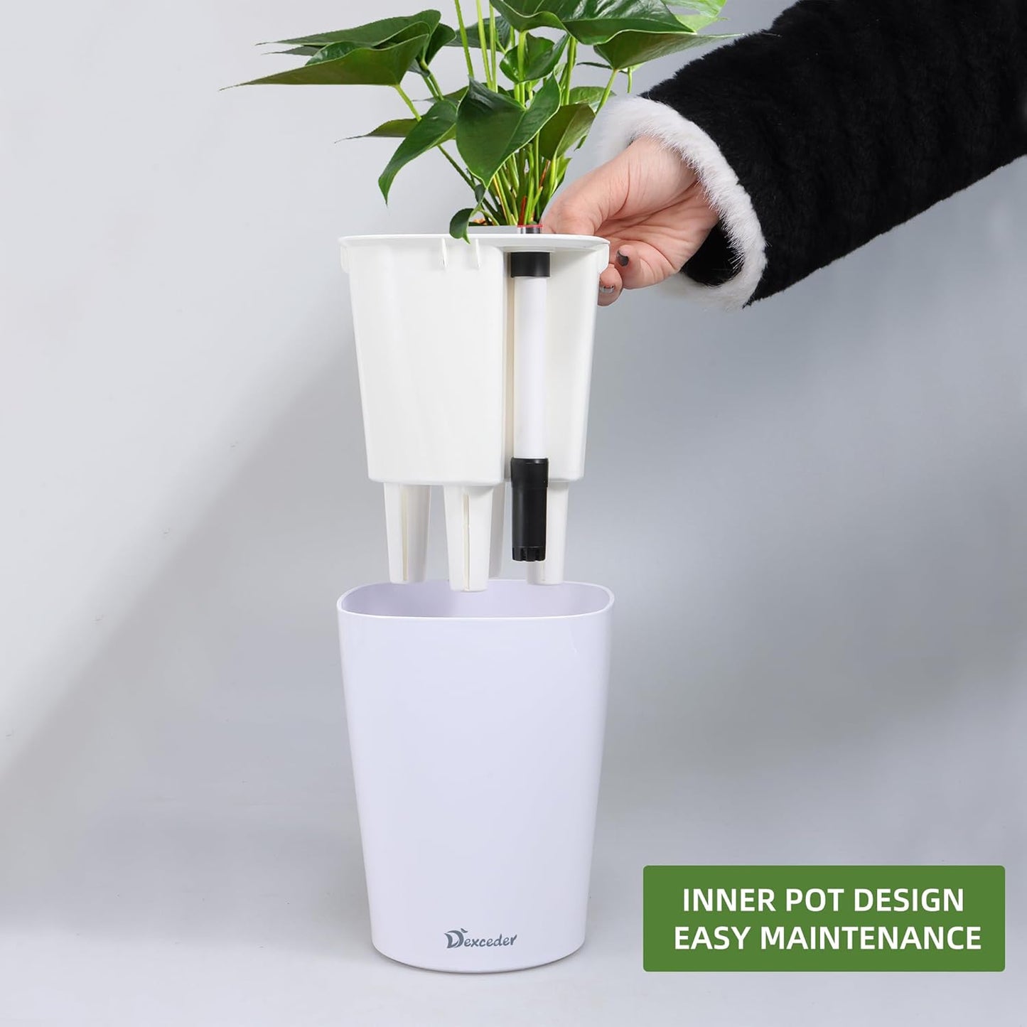 Dexceder 6x7 Self Watering Planter Indoor Outdoor, High Gloss Table Flower Plant Pot with Water Level Indicator (White)
